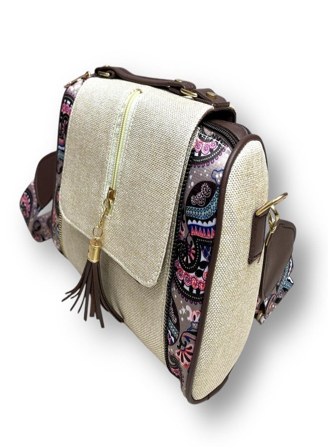 SHIVKARI Jacquard Chain Flap Duffle Stylish Textured Sling Bag Women Ladies Purse for Women & Girls - Beige Line - Image 4